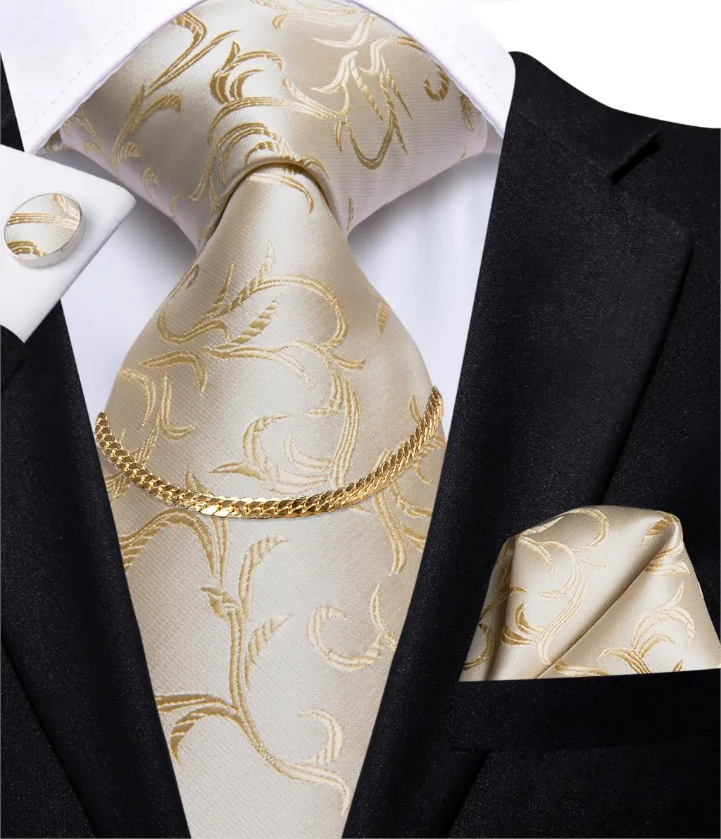 Hi-Tie-corbata de 8,5 cm para hombre, conjunto de gemelos prácticos de seda 100% Floral, color Beige y blanco, corbatas para hombre, boda de lujo, alta calidad