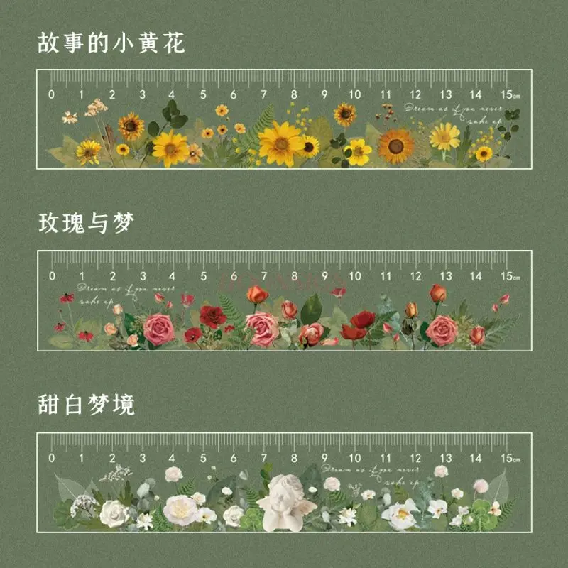 1pcs Simple Flowers and Plants Acrylic Ruler Booklet Student Stationery Straightedge Measurement Text