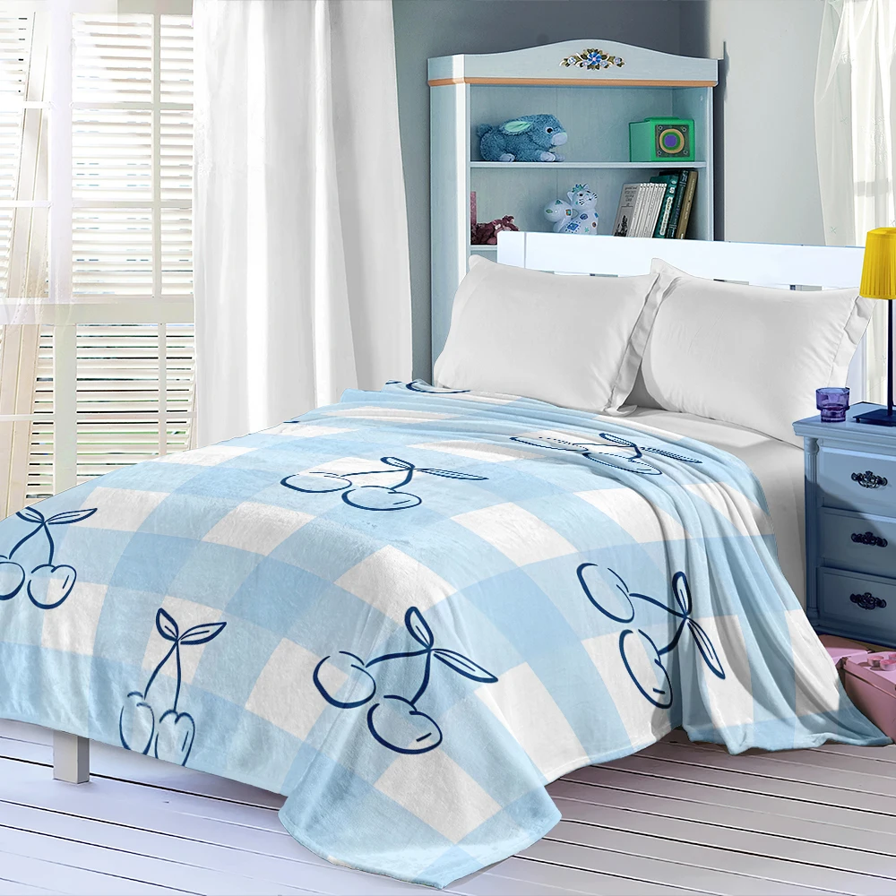 Blue Gingham Cherries Line Flannel Blanket Soft Cozy Throw Blanket for Bed Sofa Couch Fuzzy Plush Bed Cover