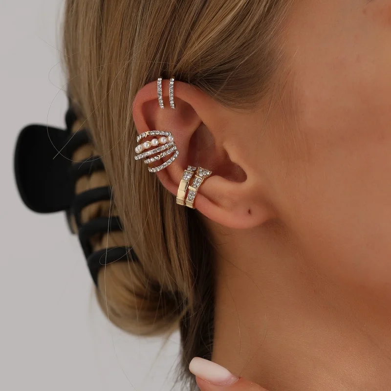 New Pearl Studded Crystal U Shaped Ear Clips For Ladies Fashionable Sexy And Exquisite Multi Purpose Earrings Set
