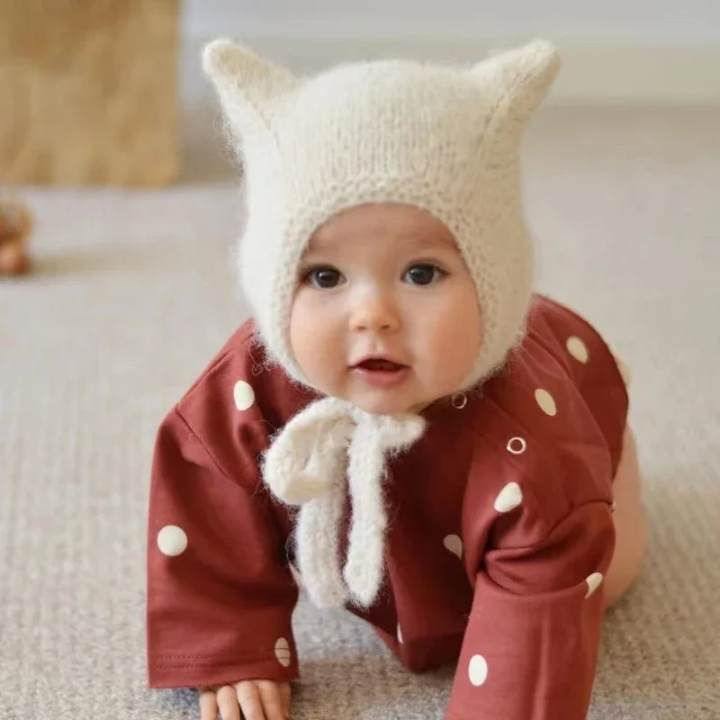 Newborn Cat Ears Hat Cartoon Animal Plush Rabbit Pullover Hat Autumn and Winter Children\'s Warm Merino Wool Kawaii Beanie Hat