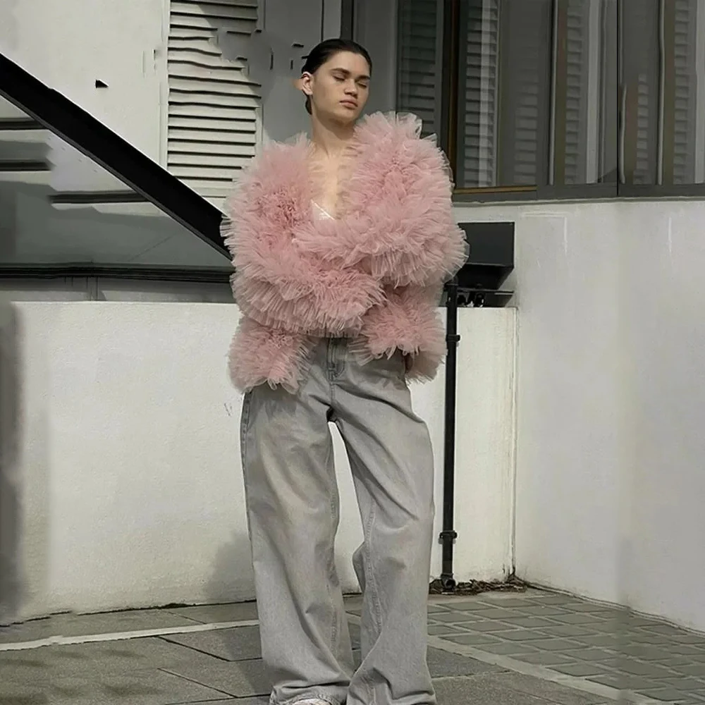 Moda de rua feminina jaqueta rosa tule blusa puff topos com mangas capa feminina topos plissados em camadas