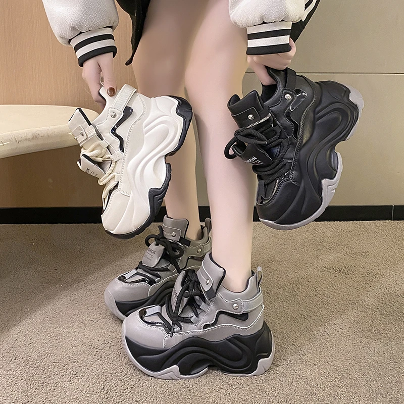 8CM Thick Bottom Chunky Sneakers 2023 New Autumn Women High Platform Sports Shoes Woman Casual Wedges Leather Dad Shoes Footwear