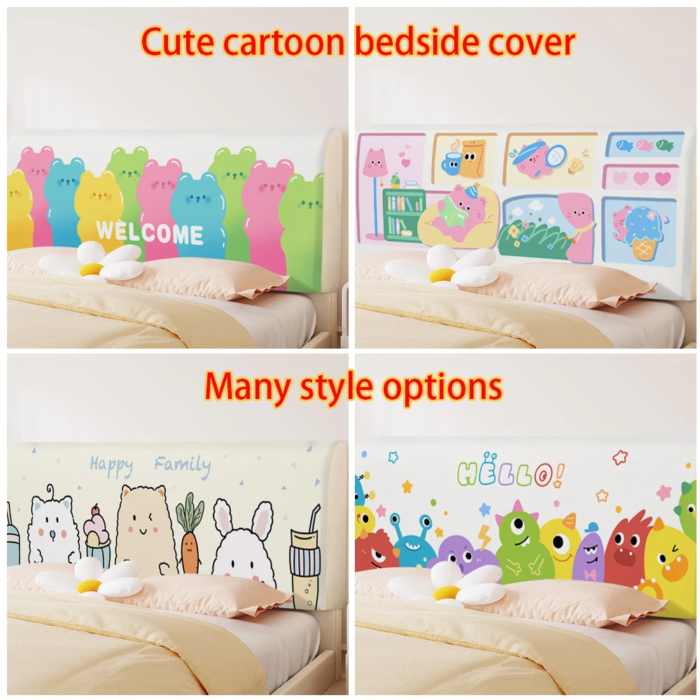 Cute Cartoon Bed Headboard Cover Solid Color Elastic Bed Head Slipcover Printed All-inclusive Bed Backrest Cover Bedroom