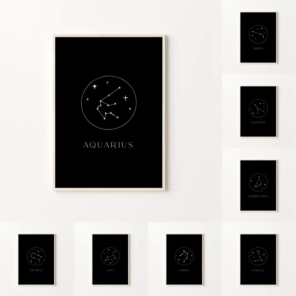 1pc frameless Canvas Painting Minimalist Astrology Art Print Cream Beige and Black Zodiac Home Wall Decor Star Sign Neutral Cons