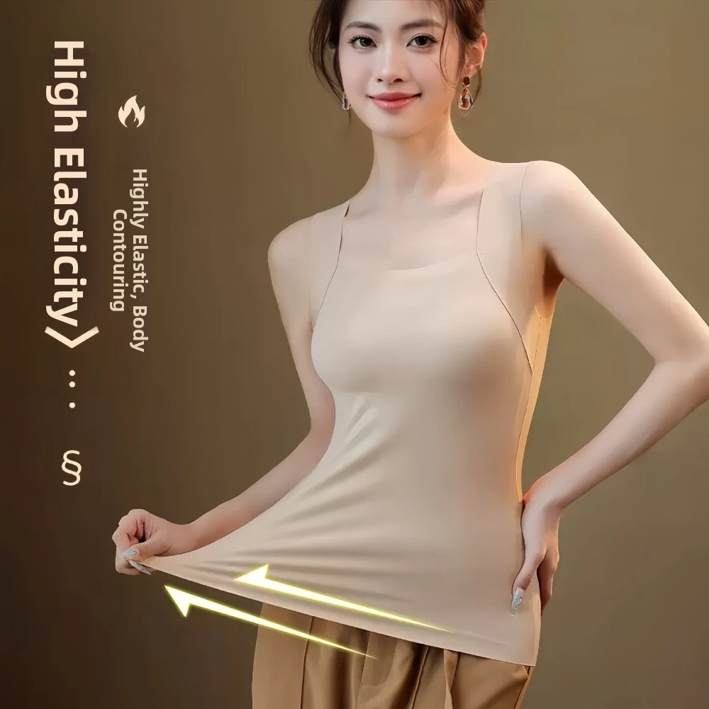 Camisole respirante sans couture avec soutien-gorge intégré, bonnets fixes, couleur unie, sous-vêtement thermique sans fil à col en U, à porter seul