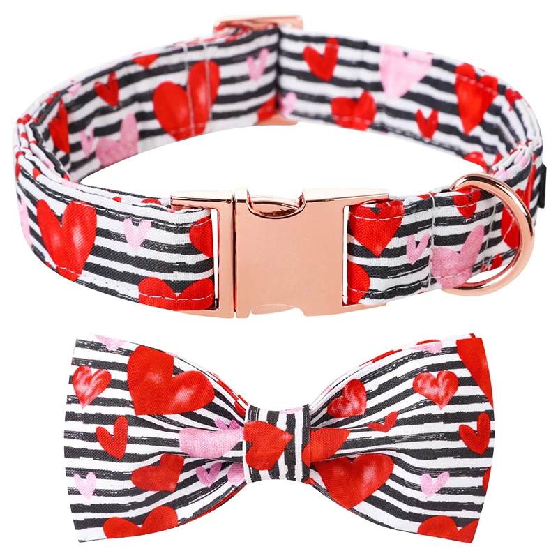 Unique Style Paws Engraved Red Valentine Dog Collar with Bow Colorful Heart Pet Collar Flower Dog Collar Large Medium Small Dog