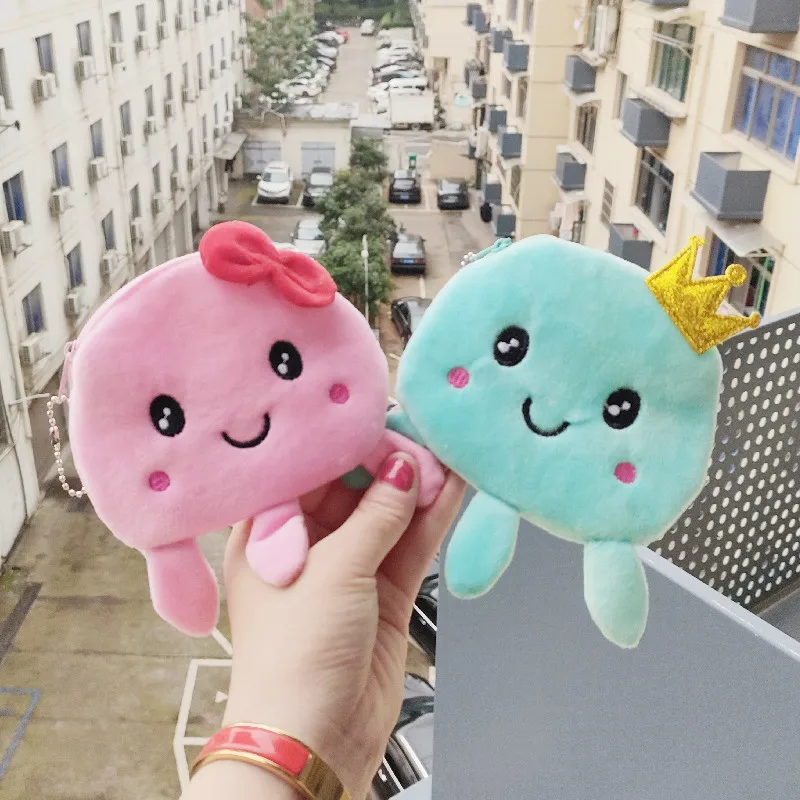 Cartoon Octopus Coin Purse Cute Oval Zip Ladies Coin Plush Bag Children's Coin Wallet Card USB Cable Bag Headphone Organizer