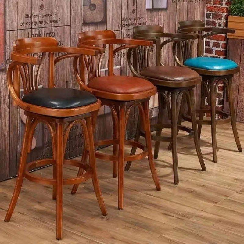 Retro Solid Wood Bar Chair Bar Bar Bar High Stool Rotating Armrest Backrest High Chair Coffee Shop Chair Bar Stools for Kitchen 