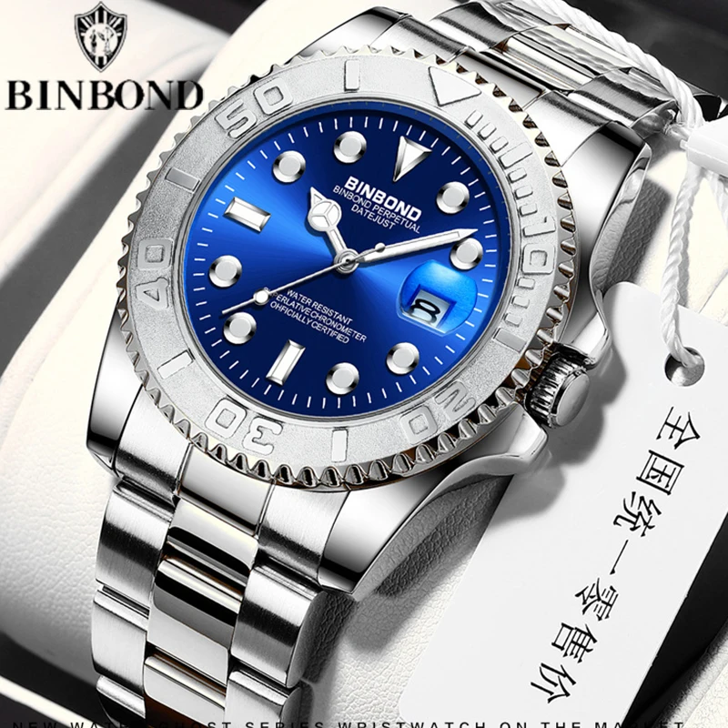 BINBOND Fashion Ultra-Thin Brand Men Watch Gold Green Water Ghost Series Luminous Waterproof Stainless Steel Sports Men Watch