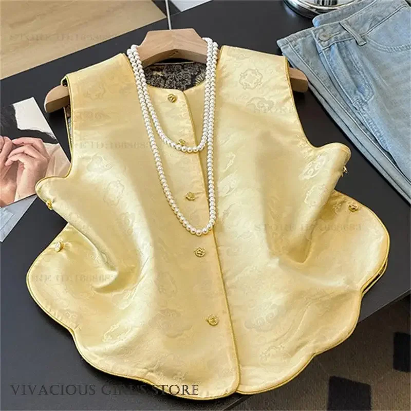 

Vintage Brocade Jacquard Waistcoat New Chinese Style Women Vest Qipao Top Sexy Sleeveless Shirt Hanfu Jacket Coat Casual Outwear