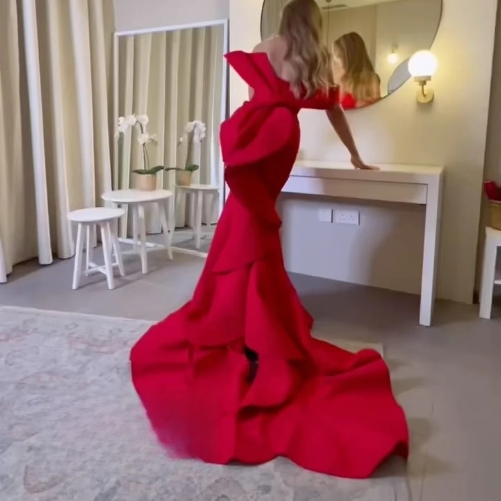 Customized Striking Solid Red Mermaid Gala Gown Featuring Off-The-Shoulder Fold Ruffle Bardot Neck, Sleek Fitted Waist