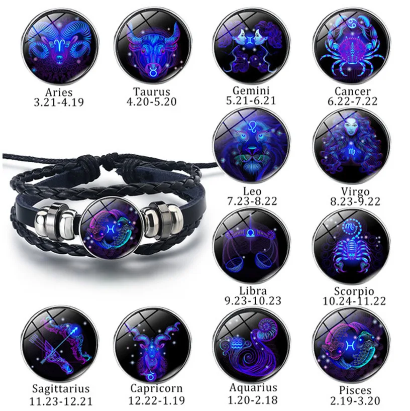 

Luminous 12 Zodiac Constellation Sign Braided Couples Leather Bracelet For men Black Rope Charm Party Glow in the dark Jewelry