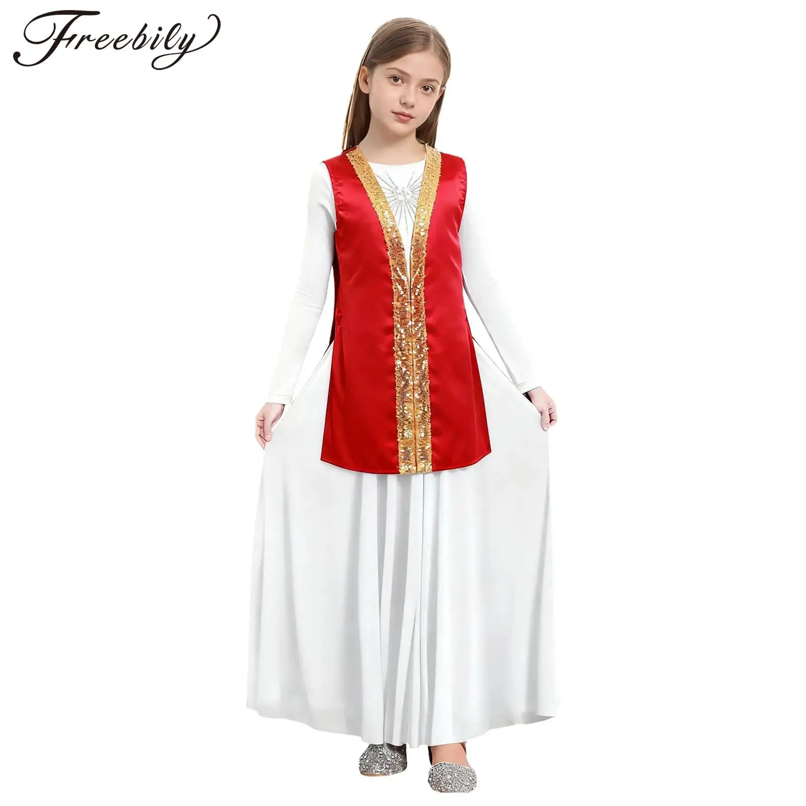 

Kids Girls Church Choir Worship Praise Lyrical Dance Outfit Long Sleeve Maxi Dress with Sequin Satin Robe Priest Cosplay Costume