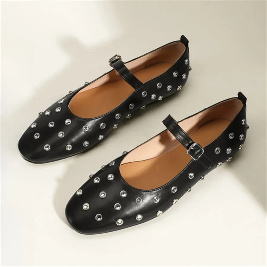 

2024 Rivets Studded Women Ballet Flats Black Dance Shoes Ladies Strap Mary Janes Comfortable Outdoor Loafers Flat Espadrilles