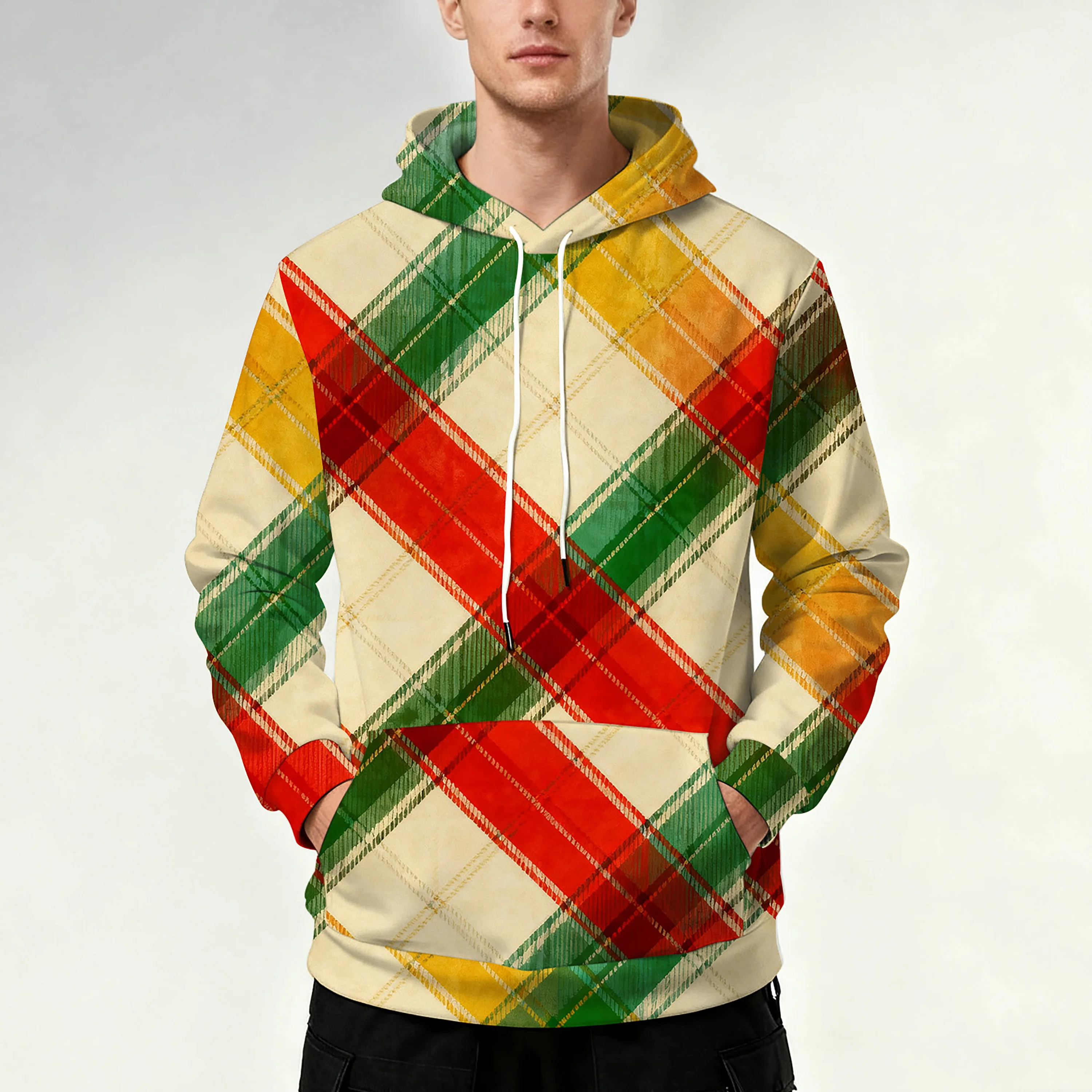 

Мужская толстовка с капюшоном и карманами на шнурке, клетчатый узор, спортивная, стильная, повседневная и удобная.