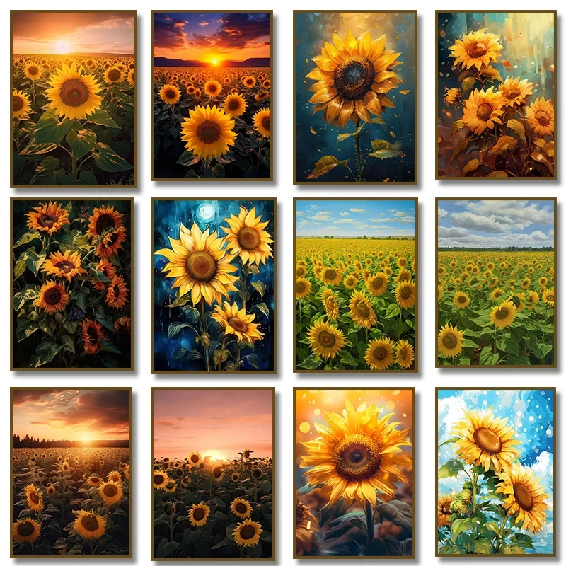 

Golden sunflowers in the field landscape canvas painting, vibrant sunflower wall art poster, living room home decoration