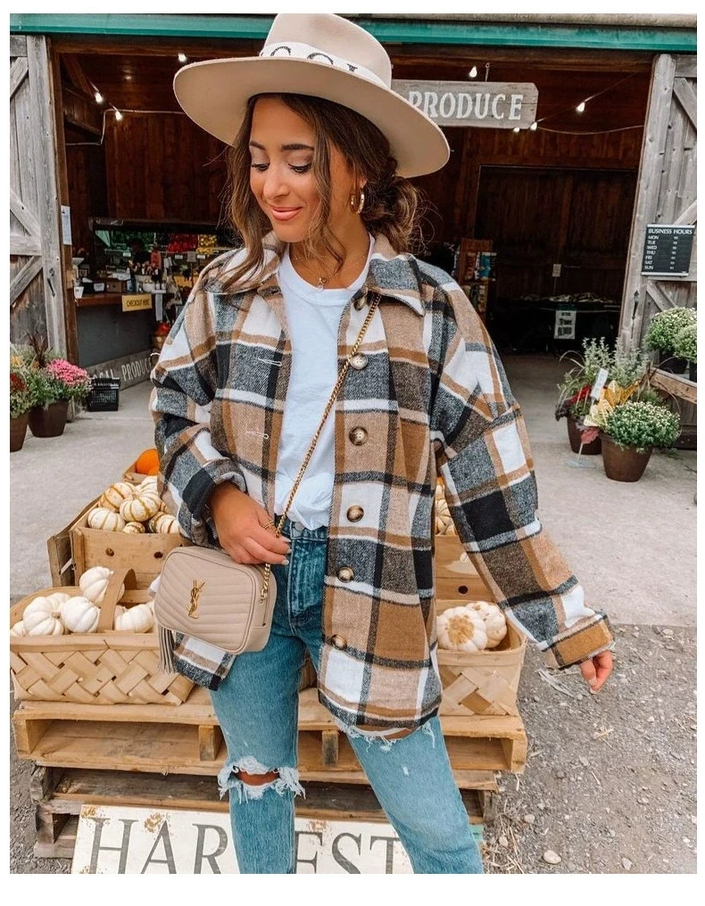Ins influenceur style automne rue chic européen et américain à manches longues revers coupe ample chemise à carreaux pour femmes manteau mi-long