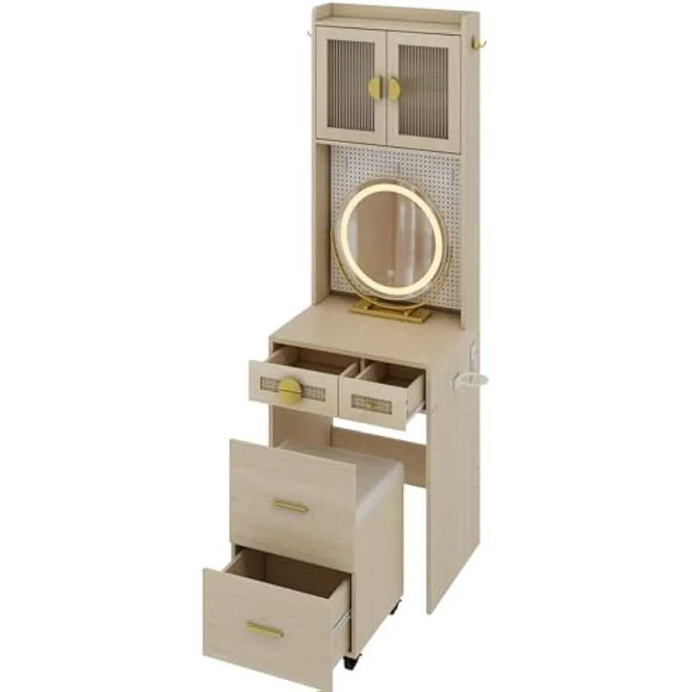 

led-illuminated mirror vanity desk with storage and chair, compact makeup vanity table for bedroom use
