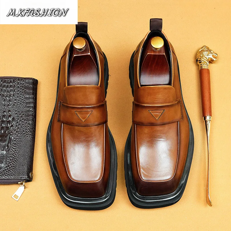 Men's Business Casual Shoes Genuine Leather Square Toe Thick Sole Loafers Male Footwear