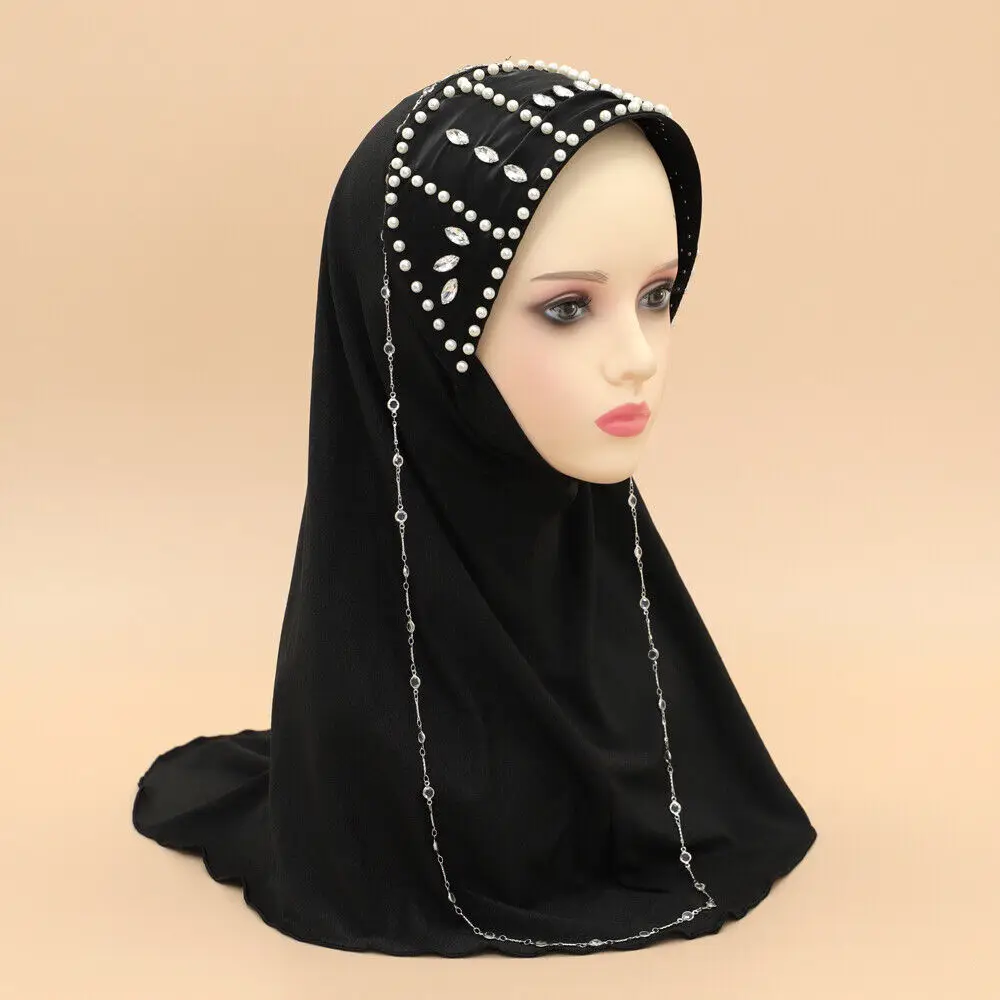 

One Piece Amira Muslim Diamonds Hijab Beaded Hijabs Arab Women Pull On Ready Turkey HeadWrap Scarf Instant Niqab Islam Headscarf