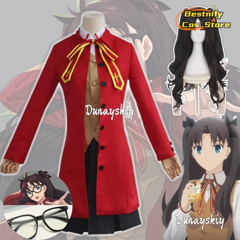 Anime Spiel Fate/stay Night Tohsaka Rin Cosplay Kostüm Perücke Roten Teufel Perücke Langen Mantel Schuluniform Rock Frau Kawaii campus Anzug