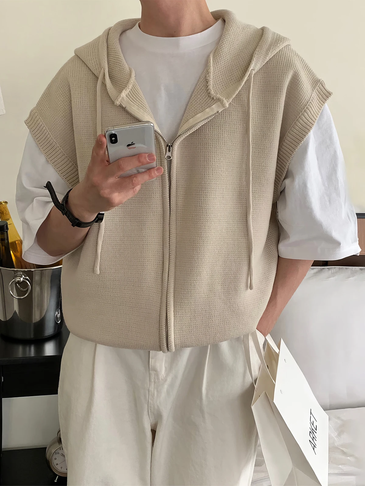 Loose Fit Men's Knitted Sleeveless Cardigan Hooded Open Front Casual Style Summer Essential Versatile Layering Piece