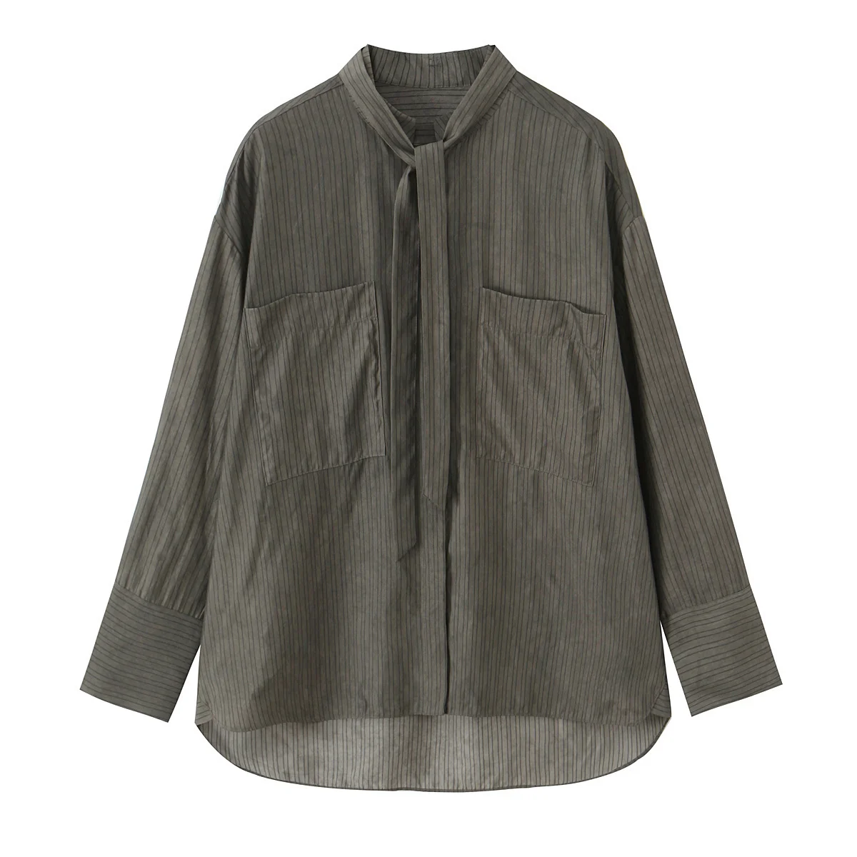 

2025 Autumn New Women's Casual Fashion Simple and Loose Versatile Pocket Decoration Long Sleeve Bow Shirt Top