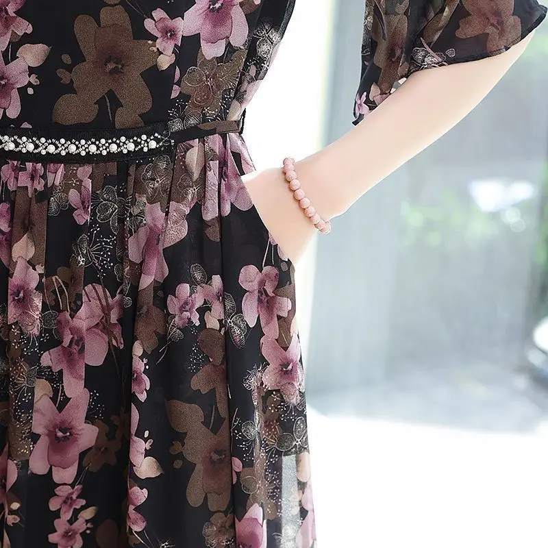 السيدات الخامس الرقبة الأزهار الشيفون فساتين قصيرة الأكمام الصيف مزاجه مشد ميدي اللباس الكورية الطباعة جيب فستان زهري المرأة #3