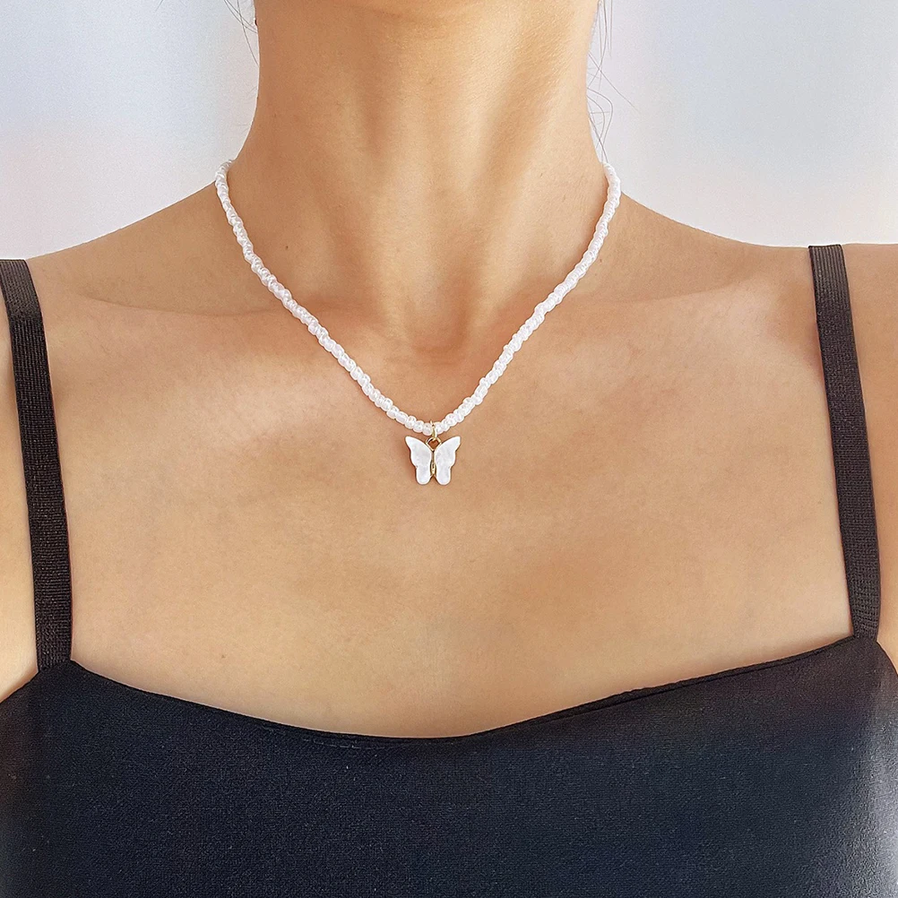 

6pcs Colorful Beaded Necklace Bohemian Butterflies Pendant Summer Style Women Neck Chain Clavicle Jewelry For Party Daily Wear