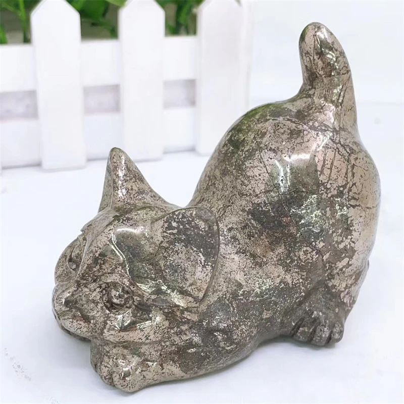 Natural Pyrite Kitten With A Pouting Butt Powerful Animal Statue Healing Children Stone Energy Gemstone Home Decoration Gift