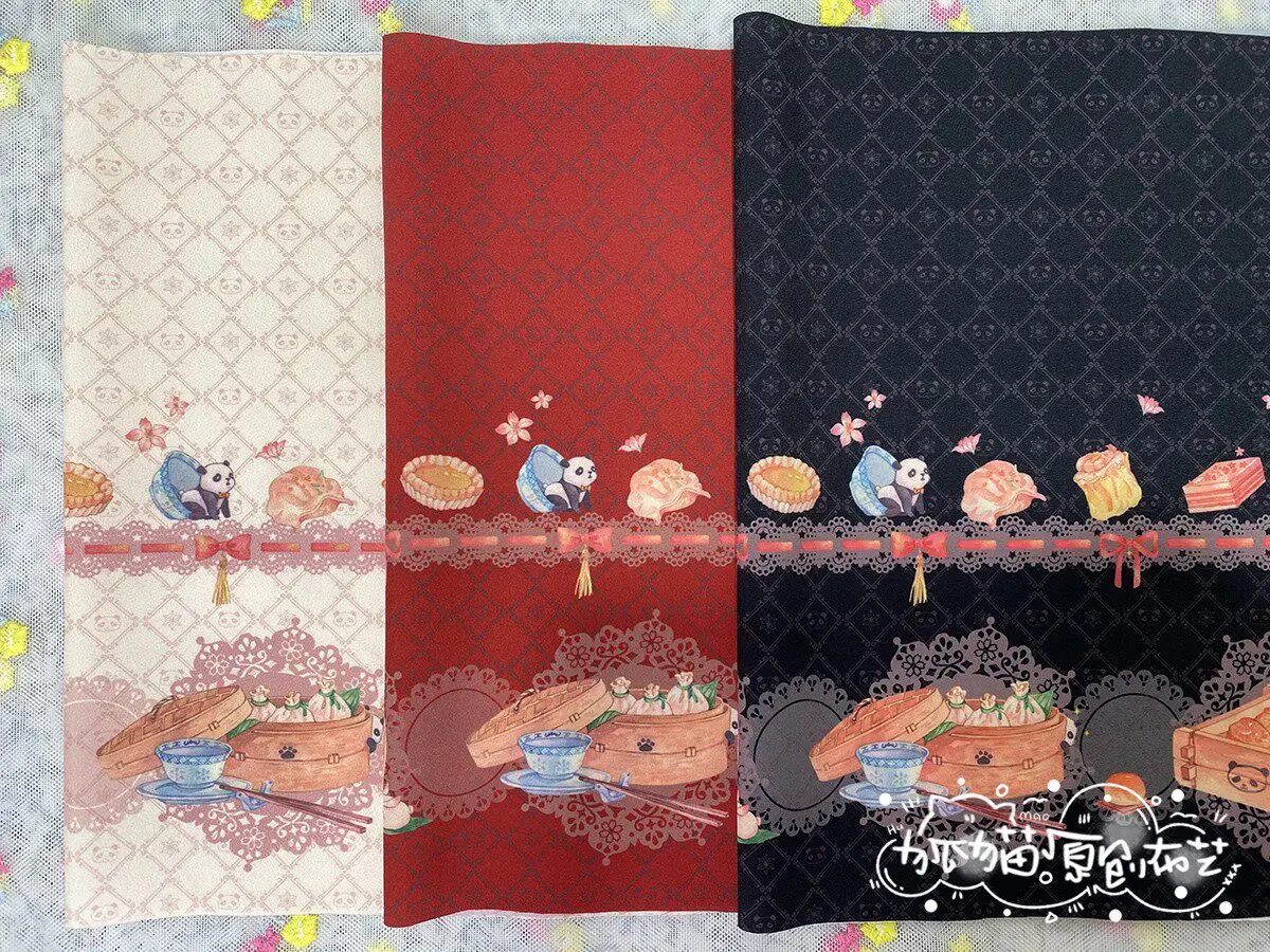 Chinese Style “Panda & Morning Tea” Print Fabric - For BJD Doll Clothes, Handmade Plush Toys & DIY Pet Apparel 24x145cm