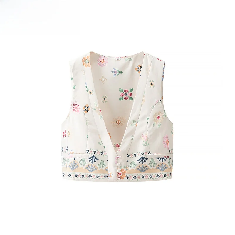 

ZBZR Autumn New Women's Casual Slim Fit Linen Print Top Vest Faionable ort Length Single Button Closure Color Polye...