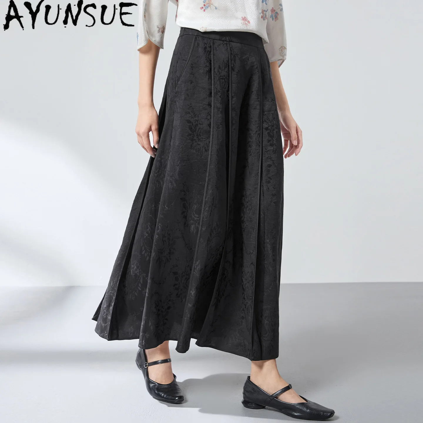 AYUNSUE 54.5% Mulberry Silk and Linen Blended Long Skirt Chinese Style Pleated Skirt Jacquard Summer Women Skirt 2026 Ropa Mujer