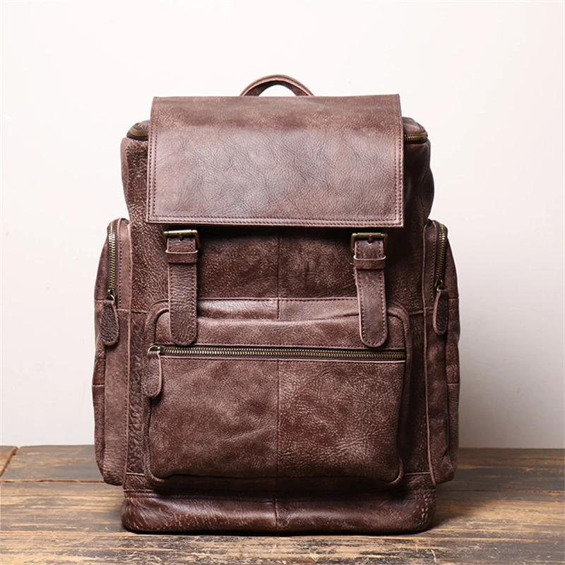 

Nesitu Highend Big Vintage Brown Coffee Thick 100% Genuine Leather A4 14'' 15.6'' Laptop Women Men Backpack Travel Bags M1420