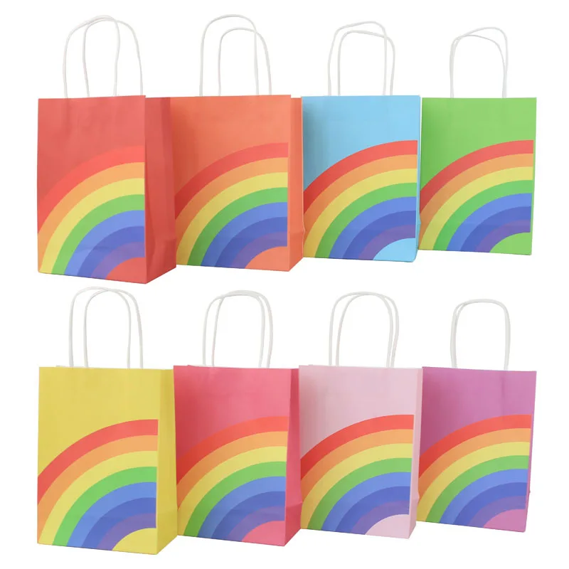 8pcs/lot Birthday gift bags Kraft Paper Rainbow Bags Treat Kids Birthday Cookie Bag Rainbow Bag Christmas Party Supplies