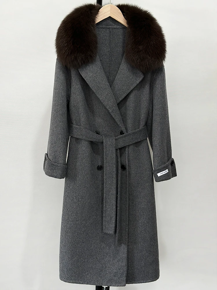 Jaket Bulu Rubah Asli Ukuran Besar untuk Wanita Musim Dingin 2025, Mantel Kasmir Campuran Wol Panjang dengan Sabuk, Pakaian Hangat Wanita untuk Gaya Jalanan