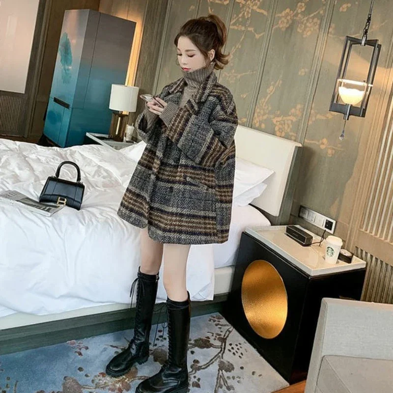 Long Sleeve Wool Coats Women Plaid Autumn Winter Thickening Single Breasted Korean Style Pockets All-match Overcoats Vintage