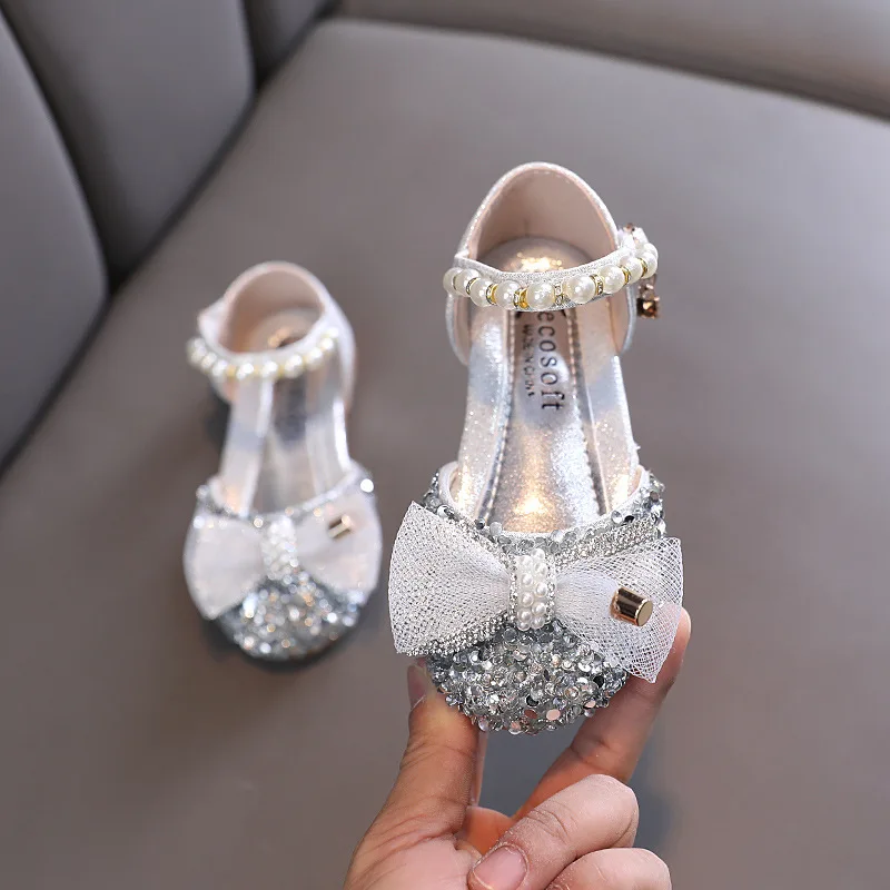 AINYFU Girls Sequin Lace Bow Sandals Children's Rhinestone Party Wedding Shoes Fashion Bling Pearl Baby Kids Soft Sole Sandals