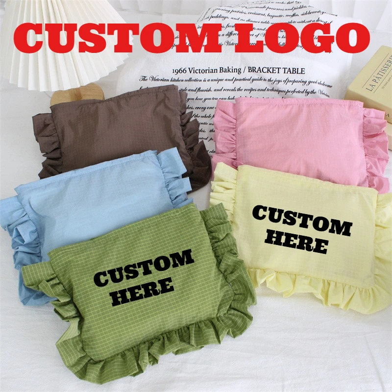 Custom Print Embroidered Logo Quick-drying Plaid Cosmetic Bag Sweet Cute Lace Clutch Large Capacity Portable Storage Inner Bags