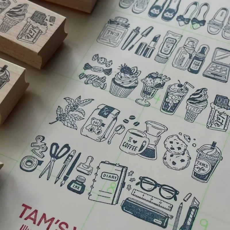 Künstlerische Scrapbooking-Holzstempel mit niedlichen Alltagsobjekten für Junk Journals, Kaffee-, Getränke- und Lebensmittelthemen-Siegelstempel. – Detail 2