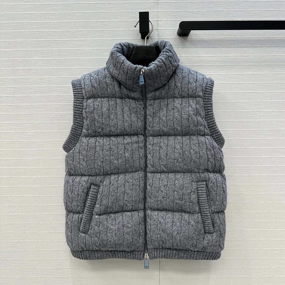 

2025 Новая зимняя теплая жилетка на гусином пуху, женская полушерстяная куртка с вязаным узором без рукавов на молнии, теплая майка, повседневное пальто