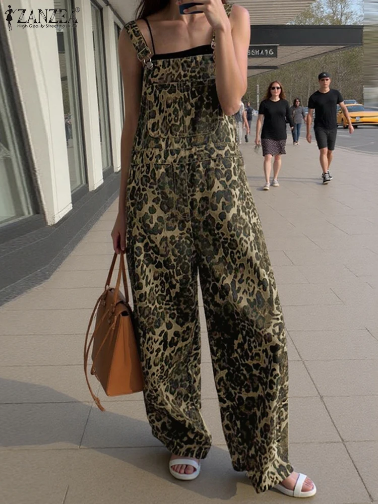 ZANZEA-monos con estampado de leopardo para mujer, monos informales con bolsillos, pantalones de pierna ancha, ropa informal suelta, peleles largos, 2025