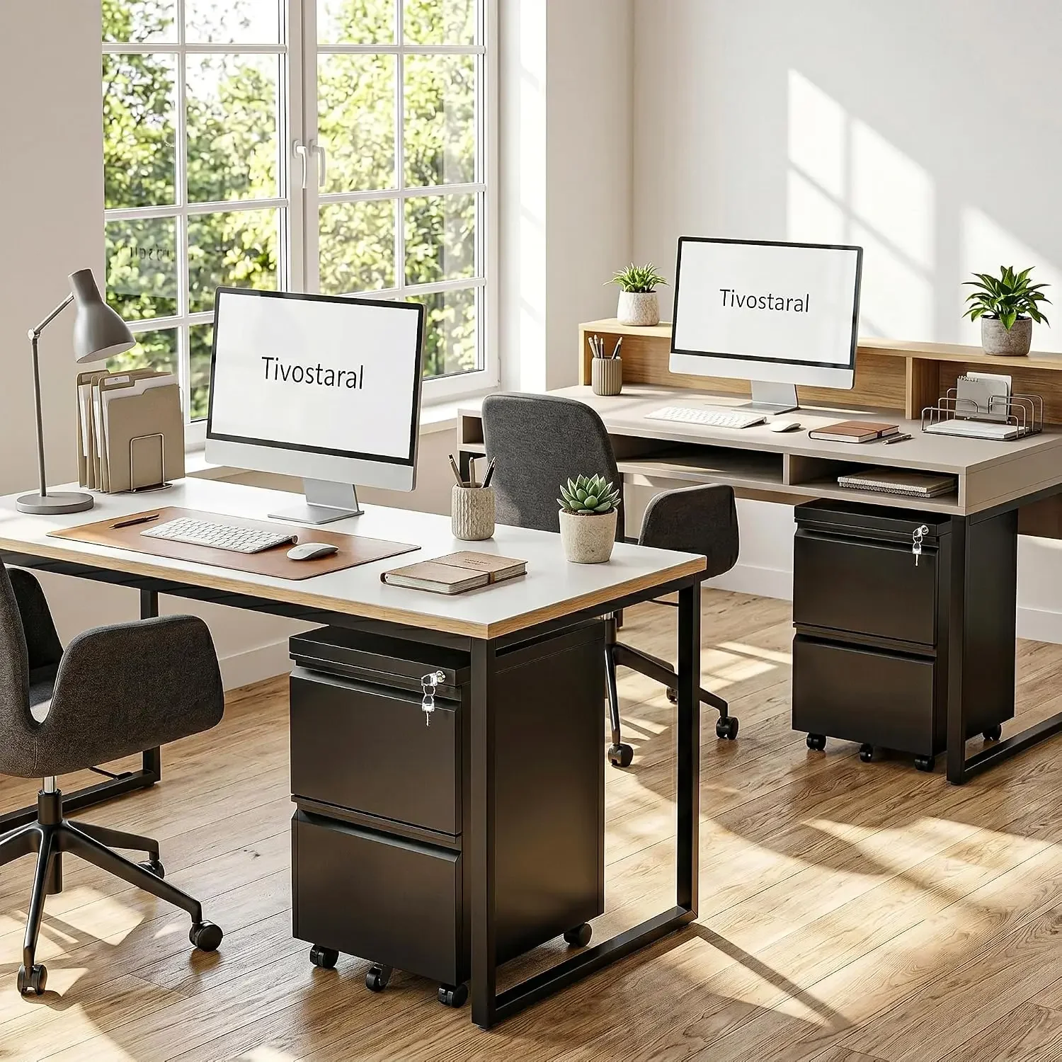 2 Drawer Mobile File Cabinet with Lock, Fully Assembled Except Casters, Under Desk Metal Filing Cabinet for Home Office
