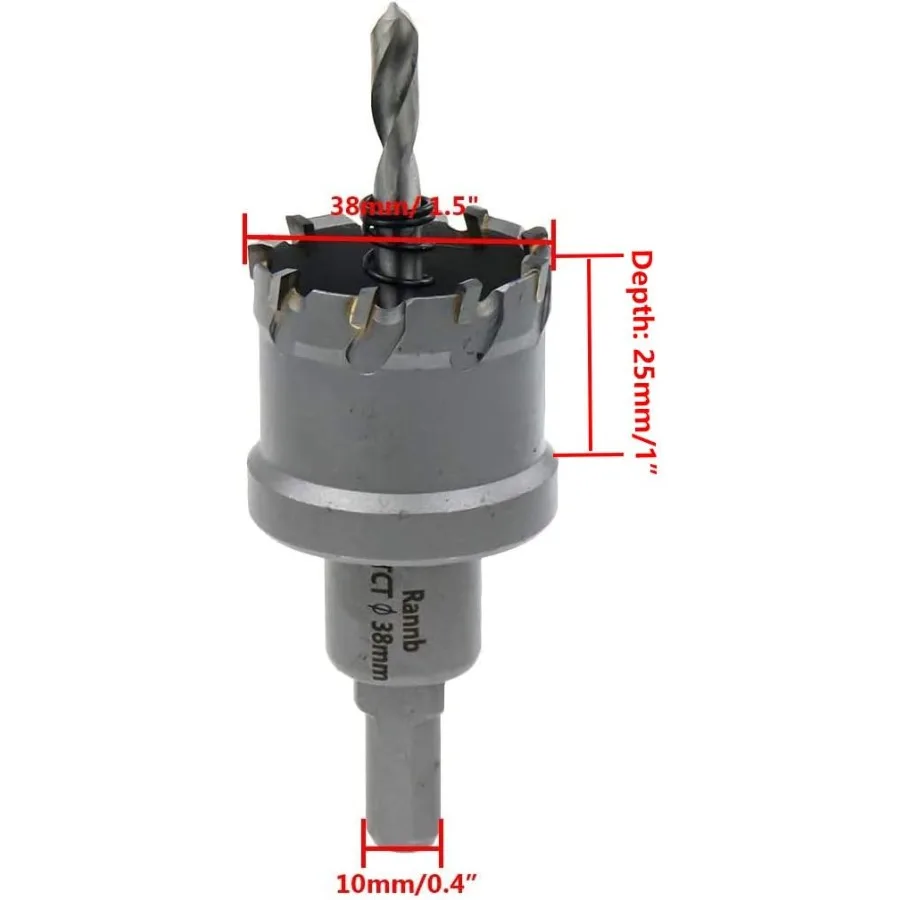 Hole Saw 1.5inch 38mm Metal Hole Saw Carbide Tipped Hole Cutter with 2 Pilot Drill Bits for Cutting Stainless Steel Plate Iron