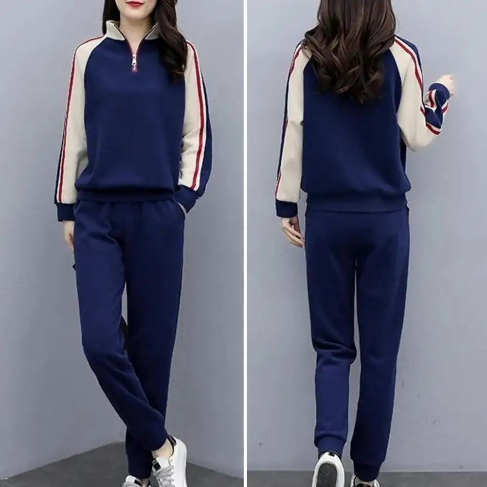 Women Stylish Suit Set Cozy Women\'s Tracksuit Set Stylish Color Matching Stand Collar Elastic Waist for Fall Winter Contrast