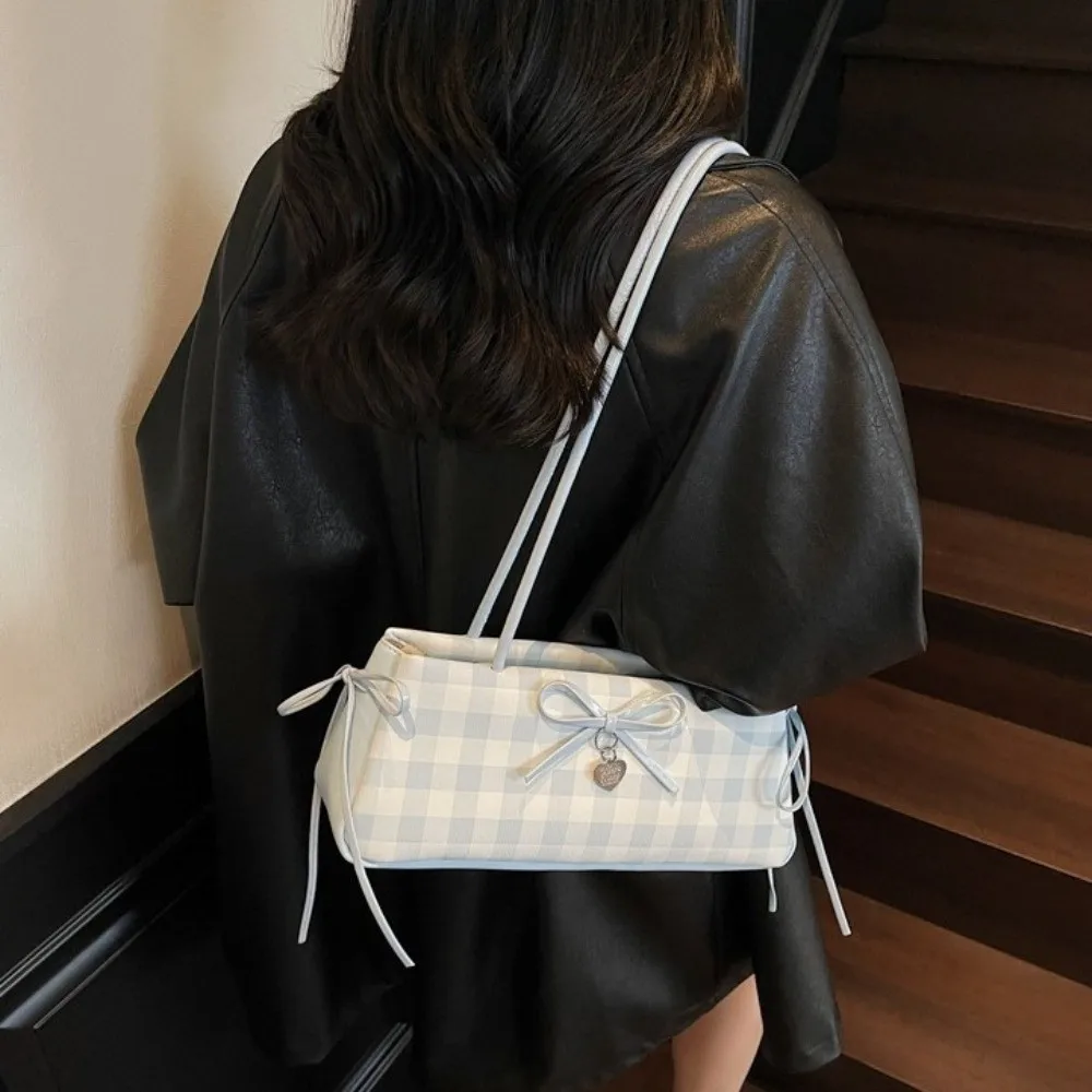 

Simple Plaid French Stick Handbag Y2K High Quality PU Shoulder Bag Waterproof Large Capacity Bow Underarm Bags Travel