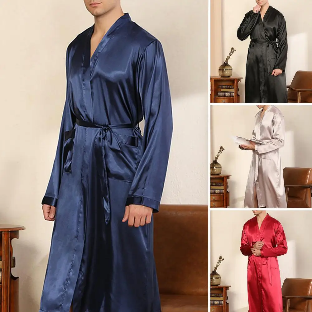 Jubah mandi pria leher V Satin mewah, baju mandi pria leher V, Satin mewah, baju mandi pria dengan sabuk pinggang renda, saku lengan panjang, lembut, nyaman untuk musim gugur