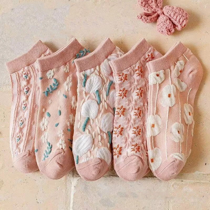 Vintage Style Thin Low Cut Pink Boat Socks Cute Flower 3D Textured Ankle Socks Fresh Fashion Breathable Comforts Sockings