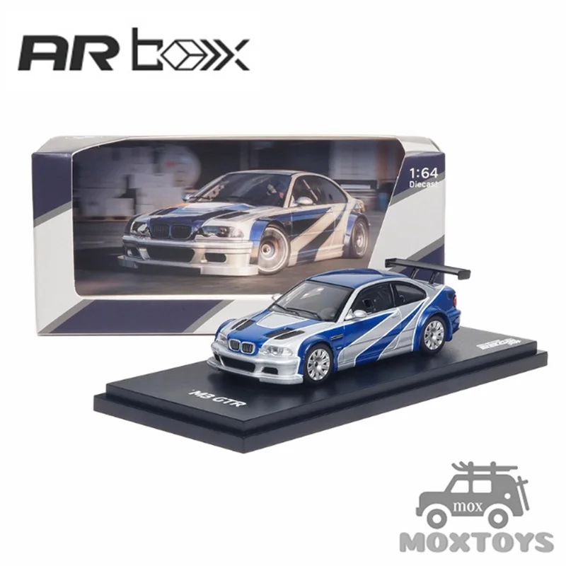 AR Box 1:64 M3 E46 فضي مع شرائط زرقاء NFS Diecast Model Car #1